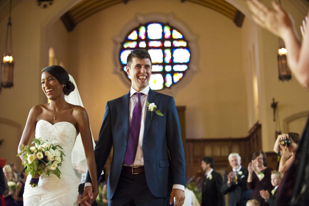 Bride and groom exit Loyola Chapel, Montreal